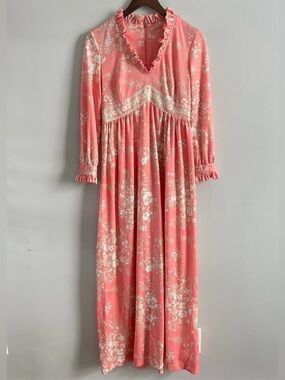 Vintage Pink Floral Prairie MaxiDress Lace Trim Ruffle Collar Long Sleeve, Small
